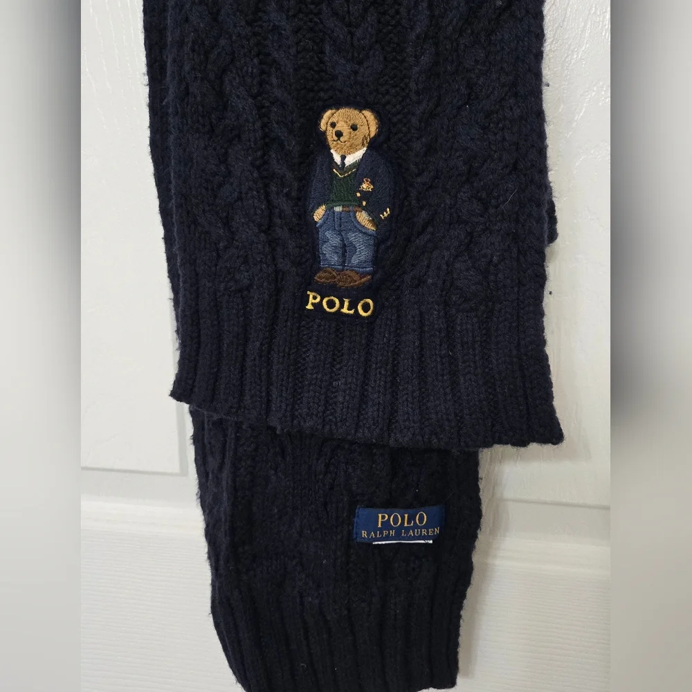 Polo Ralph Lauren Aran St. Andrew Bear Scarf Embroidered Navy Blue Cable Knit